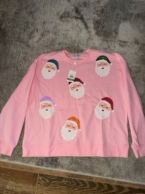 Mud Pie Pink Crewneck with Festive Santa Appliqués